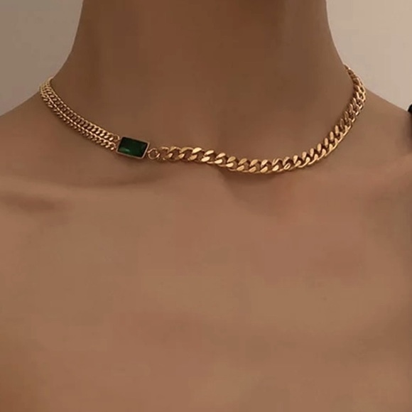Jewelry - The Champion Necklace 18K Gold Plated Link Chain w Green gemstone